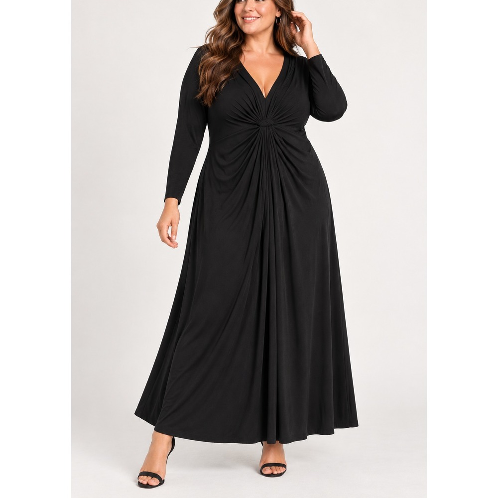 Lane Bryant Dress Womens 18 Black V Neck Ruched Wrap Long Sleeve Midi Jersey